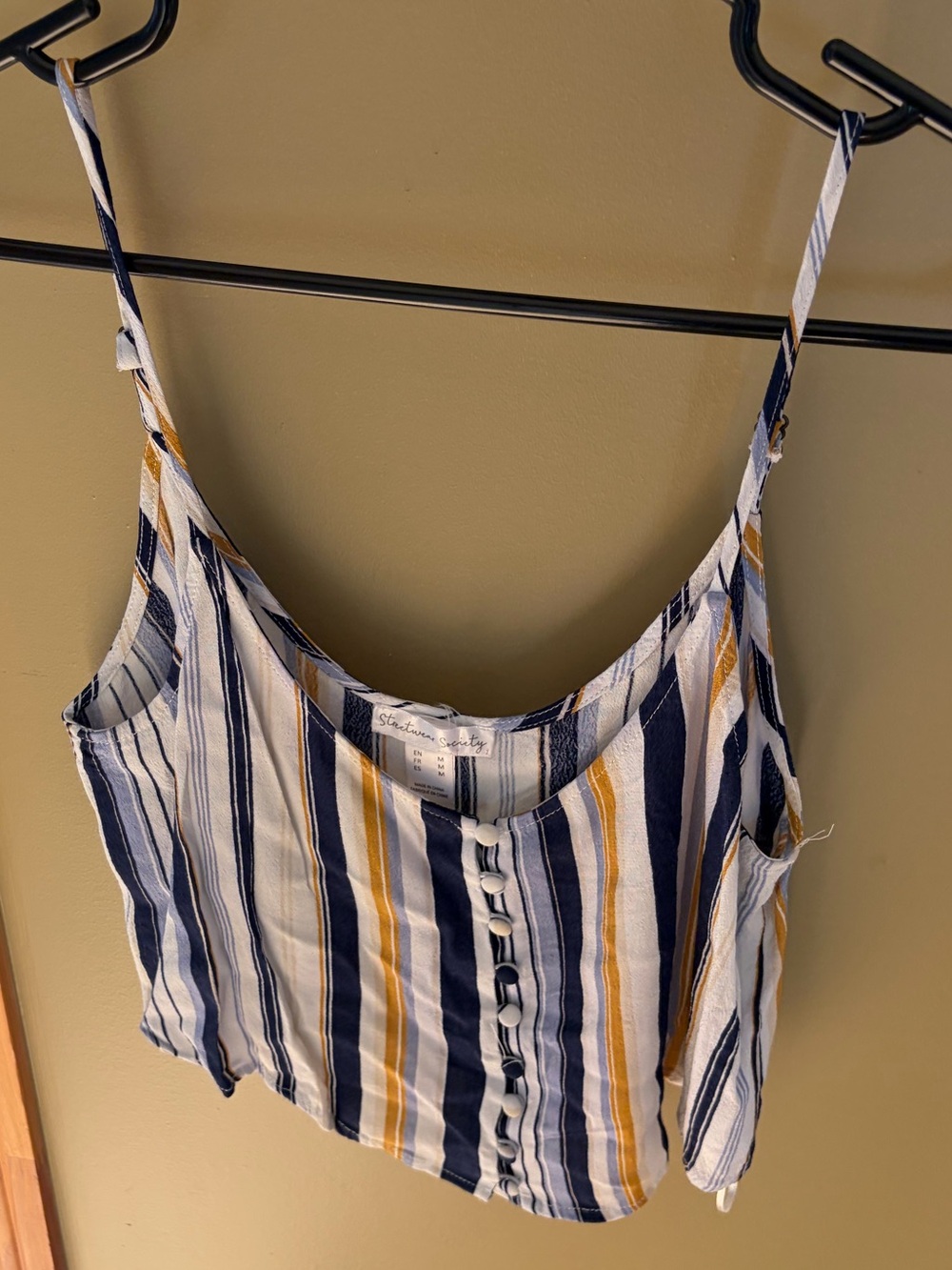 Striped Button-Front Spaghetti Strap Tank Top - Navy & Mustard